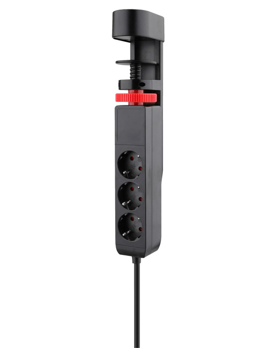 Skjøteledning 3-veis m/klemme, schuko, USB og bryter svart 1,4 m